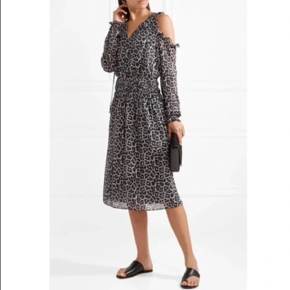 Michael Kors Leopard Print Cold Shoulder Chiffon Midi Cocktail Dress Size M - Picture 1 of 7